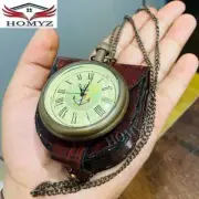 Antique Brass Clock Maritime Table Round Pocket Chain Clock W/Box Wedding Gift