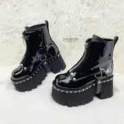 Ashes 100 Black Patent 3.5" Platform Heel Combat Goth Punk Boot DEMONIA