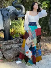 Boho Summer Beautiful unique cotton Sea Blue patchwork Around Skirt One Size