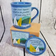 Vtg 80s Hallmark Mug Mates Friendship Coffee Mug Cup Lid Coaster Sailing Boat
