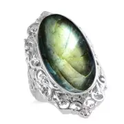 28.10ctw Labradorite Solitaire Ring Platinum Plated Copper Size 6