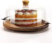 NWK Wood Cake Stand with Acrylic Dome Lid 360° Rotatable 11 Inch Acacia Wooden Cake Plate with Base Wood Cake Turntable with Clear 282(Ø) x 115(H) mm Cover for Birthday, Wedding, Party.