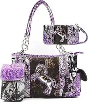 [Cowgirl Trendy] Camouflage Western Style Totes Studded Floral Handbag Tooled Leather Purse Country Women Shoulder Bag Zipper Wallet Set