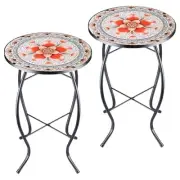2PCS 14 Inch Small Outdoor Side Table with Pink Flower, Glass Mosaic Patio