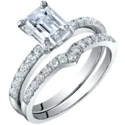 2 ct Moissanite Emerald Cut Engagement Ring Band Bridal Set in Sterling Silver