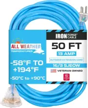 50 Ft All Weather Extension Cord with 3 Electrical Power Outlets - Stays Flexibl