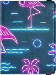 [Amooorous] Summer Neon Flamingo Wave Navy Blue Leather decorative Passport and Vaccine Card Wallet Combo Travel Documents Organizer Protector Travel Passport Wallet Waterproof, Summer neon Flamingo wave navy