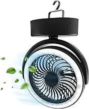 Leona Co Camping Fan with LED Lights, Rechargeable Portable 360° Mini Tent Fan Personal Fan for Camping RV BBQ Travel Home Office Desk Indoor Outdoor with Hook