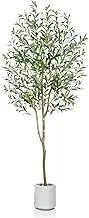 Lenamos Olive Trees Artificial Indoor, Tall Faux Olive Tree with White Tall Planter, Artificial Plants with Natural Wood Trunk and Lifelike Fruits for Home Office Decor (6ft/180cm)