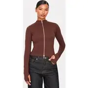 Dark Chocolate Zip Up Long Top, Dark Chocolate