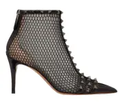 Valentino Rockstud Black Mesh Leather Stud Heel Pointed Toe Ankle Boot Bootie 37