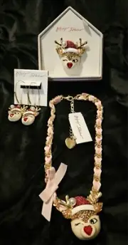 NWT Betsey Johnson Red Nosed Reindeer Necklace, Earrings, Bracelet, & Brooch Set