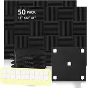 50 Pack Acoustic Panels Soundproof Studio Foam for Walls Sound Absorbing Panels Sound Insulation Panels Wedge for Home Studio Ceiling, 1" X 12" X 12", Black