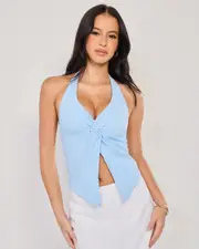 [Ava And Ever] Ava And Ever Women's Tamara Split Front Halter Top in Light Blue 0 Light Blue