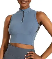 [AARYA] Workout Tank Tops for Women Compression Crop Padded Sports Bra Half-Zip Mock Neck