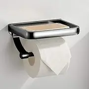 KAIYING Self Adhesive Toilet Paper Holder with Phone Shelf, Aluminum Bathroom Accessories Tissue Roll Dispenser Storage Rack, Wall Mounted Modern Paper Towel Holder (Single, Black)