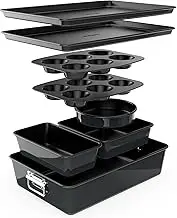 8-Piece Nonstick Stackable Bakeware Set - PFOA, PFOS, PTFE Free Baking Tray Set w/Non-Stick Coating, 450°F Oven Safe, Round Cake, Loaf, Muffin, Wide/Square Pans, Cookie Sheet (Black)