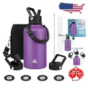 Purple Insulated Water Bottle - Double Wall Flask with Straw & Sweatproof Design