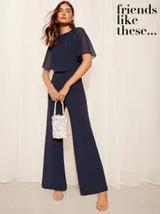 Friends Like These Navy Blue Petite Chiffon Flutter Sleeve Wide Leg Jumpsuit (AW8716) | $127