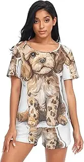 [RPLIFE] Cute Poodle Puppy Leopard Print Sleepwear Sets for Women, Matching Short Lounge Set, Cute Poodle Puppy Leopard Print, Small