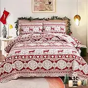Red Gray Christmas Reindeer Bedding Bedspread Full/Queen Size Lightweight Thin Portable Quilts Set Moose Snowflake Xmas Coverlet Blanket Bed Cover with 2 Standard Pillowcases