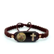 San Miguel Pulsera Hecho a Mano Color Cafe Ajustable Hilo Nylon Medalla Madera