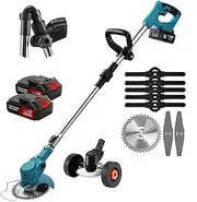 Foldable Cordless Grass Trimmer – Electric Strimmer with 3 Blade Types, 90-120cm Telescopic Shaft, 2 x 2000mAh Batteries, for Lawn Care & Weed Pruning Blue
