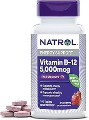 Natrol Vitamin B12 Fast Dissolve Tablets, Promotes Energy, Supports a Healthy Nervous System, Maximum Strength, Strawberry Flavor, 5,000mcg, 200 Count
