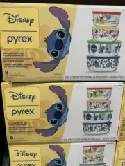 New Disney Pyrex Stitch Glass Food Decorated Storage 4 Containers 4 Lids 8 Piece