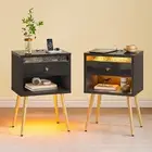Set of 2 LED Nightstand with Charging Station, Modern Bedside Table with Drawer