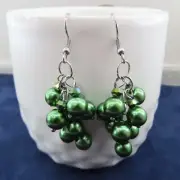 FOREST GREEN Cluster Dangle Earrings Silver Tone Glass Beads Artisan