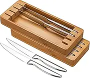 Serrated Steak Knife Set of 8 with Block Holder, Steak Knife with Storage Box Drawer Insert Organizer Bamboo Case, Dishwasher Safe, Silver