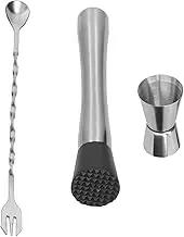 Drink Muddler for Cocktails, Stainless Steel Muddler Cocktail Spoon Set, Cocktail Jigger Muddler Stirring Spoon Set Bar Bartender Accessory