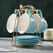 TEA CUPS Saucers Coffee Cup with Metal Stand Tiffany Blue Set of 4 8oz DUJUST