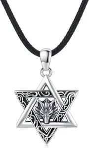 Wolf Necklace Sterling Silver Star of David Wolf Head Necklace Hexagram Pendant