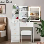 Dressing Table Stool Set Makeup Sliding Mirror W/ LED Lighted Vanity Desk White