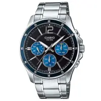 在飛比找momo購物網優惠-【CASIO 卡西歐】時尚三眼三針爵士腕錶-藍圈(MTP-1