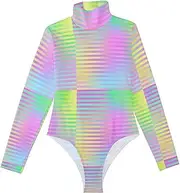 [voucong] Horizontal Lines Rainbow Colorful long sleeve Secy Bodysuits for Women Tummy Control Shapewear Cute Going Out Tops for Women Mock Turtle Neck Medium size, Horizontal Lines Rainbow Colorful