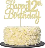 Gyufise 1Pc Happy 12th Birthday Cake Topper Glitter 12th Birthday Cake Pick Cheers to 12 Years Old Twelve Fabulous Cake Decorations for 12th Birthday Theme Party Supplies Gold