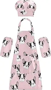 AIXIWAWA Kids Apron Chef Hat Set, Child Kitchen Bib Aprons Adjustable for Cooking Baking Painting (Cute Puppies)