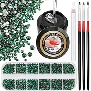 1PC 8ml Wipe-Off Nail Art Rhinestone Glue Gel Adhesive + 1 Box 2-5mm Flat Back Round Glass Green Rhinestones + 3PCS Glue Brush + 1PC Pickup Pencil