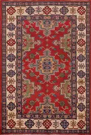 Handmade Super Kazak Traditional Wool Area Rug 4'x6' Geometric Oriental Carpet