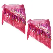 Belly Dance Hip Scarf with Tassels Sequin Coin for Party(Pink, Pack of 2)