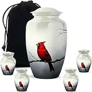 Red Cardinal Urns for Ashes, Cremation Urn Small Keepsake, Memorial & Decorative Gift for Mom & Dad, Funeral & Burial Human Adult Remains, Combo, White (10 Inch Urn & 3 Inch Mini Set of 4)
