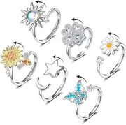 FUNEIA Fidget Anxiety Rings for Women Adjustable Spinner Fidget Rings for Anxiety You Are My Sunshine Spinner Ring Butterfly Sunflower Moon Star Stress Relief Stackable Rings Set