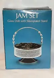 JAM SET ~ GLASS DISH WITH SILVER PLATED STAND ~ NEW WITH BOX NEVER USED