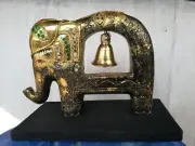 Antique Thai Style Table Top Wooden Elephant Holder Brass Bell Glass Decorative