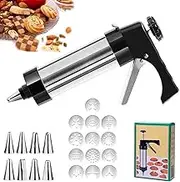 Jeyssui Cookie Press Gun，with 13 Spritz Cookie Press Stencil Discs and 8 Piping - Versatile,Reusable, Classic Stainless Steel Cookie Press for Baking,for Holidays Christmas Birthday DIY Biscuit Maker