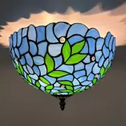 Tiffany Style Ceiling Lights Blue Stained Glass Green Leaves 8"H*12"W*12"D
