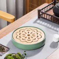 在飛比找ETMall東森購物網優惠-日式家用儲水茶托盤 圓形簡約迷你陶瓷干泡竹制小茶臺石磨大茶盤